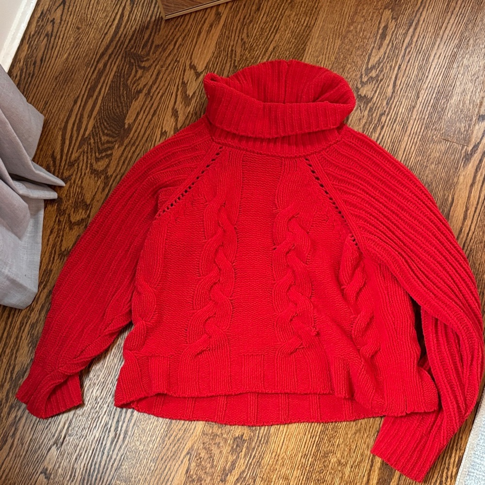Elegant Red Cable Knit Turtleneck Sweater